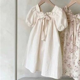 Girl's Dresses Ins Baby Girl Puff Sleeve Dresses Summer Bowknot Flowers Princess Vintage Dress Holiday Party 1-6T Clothes for Young Girls