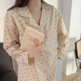 Women's Sleepwear Cotton Sleepwear Korean Pajamas Women Autumn Cute Heart Print Pyjamas Long Sleeve Pijama Female Set Negligee Cardigan Suit 231219