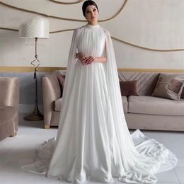 Simple Saudi Arabia Wedding Dress 2024 Cap Sleeves High Neck Beading Chiffon Sweep Train A-line Bridal Party Gowns Vestidos De Novia