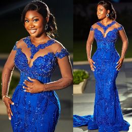 2024 Aso Ebi Royal Blue Mermaid Prom Dress Beaded Crystals Sequined Evening Formal Party Second Reception Birthday Engagement Gowns Dresses Robe De Soiree ZJ374
