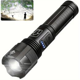 1pc Most Powerful XHP50 High Lumens Tactical Flashlight, 5 Modes Rechargeable Super Bright Flash Light,Zoomable Camping Light, Emergency & Outdoor Battery Included