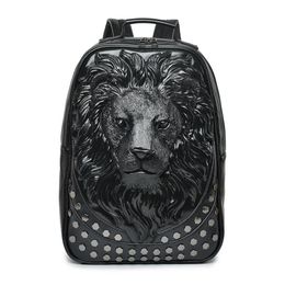 Men Backpack Leather Soft 3D Embossed Lion Head Studded Rivet Gother Travel punk rock Backpack Laptop School Halloween Bag295y