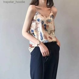 Women's Tanks Camis Tank Top Women Silk Satin Loose Tropical Jungle Folk Style Print V-neck Strap Halter Vest Fe Undershirt Lingerie L231220