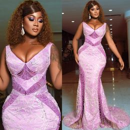 2024 Aso Ebi Lilac Mermaid Prom Dress Beading V-neck Sequined Lace Evening Formal Party Second Reception Birthday Engagement Gowns Dresses Robe De Soiree ZJ354