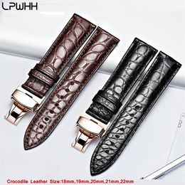 LPWHH Genuine Crocodile Leather Watchband 18mm 19mm 20mm 21mm 22mm Watches Strap Coffee Black Butterfly Buckle Watch Band278Z