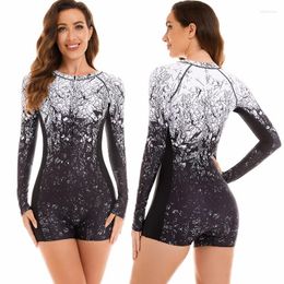 Women's Swimwear Long Sleeve Rash Guard Front Zipper One Piece Swimsuit Black Surf Suit High Neck Sun Protection Shorts 2024