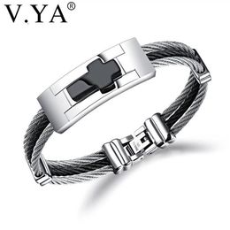 Charm Bracelets V YA 3 Rows Wire Chain Cuff Cross Stainless Steel Men Punk DIY Custom Engrave Man Jewelries Black Silver Colour Ban322r