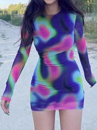 Casual Dresses Women Long Sleeve Dress Tie-Dye Print Backless Bodycon Party Mini For Beach Cocktail Club Streetwear