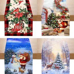 Upgrade 35x180cm Christmas Table Runner Cartoon Santa Claus Snowman for Xmas Tree Xmas Decor in Red and Black Chequered Tablecloth