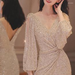 Casual Dresses V-neck V-backless Long Puff Sleeve Sequined Wedding Party Gentle Pleated Slim Prom Dress Split Elegant Evening Robe