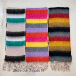 Scarves 2023 New Loewee Family Stripe Plaid Gradient Mohair Scarf for Women in Autumn and Winter High Quality and Versatile Rainbow Tassels Qr75
