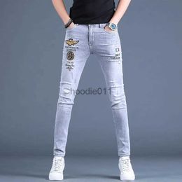 Men's Jeans Beggar Style Mens Slim-fit Ripped Jeans High Quality Embroidery Stretch Denim Pants Scratches Sexy Grey Jeans Pants; L231220