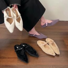 Dress Shoes Bailamos Fashion Pointed Toe Fur Ballet Flats Woman Winter Warm Slippers Plush Shallow Loafers Ladies Concise Fur Slides Dress S 231219