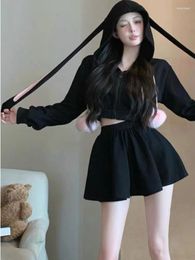 Work Dresses Japanese Style Kawaii Suit Caual Hooded Short Cardigan Y2k Mini Skirt Outfits Black Cltohing Lolita Fashion Sets Woman 2023