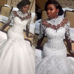 Plus Size Aso Ebi Wedding Dresses Mermaid Elegant Long Sleeves Illusion Lace Beaded Bridal Dress for African Black Women Long Sleeves Crystals Bridal Gowns CDW066