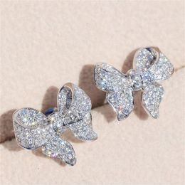 New Arrival Luxury Jewellery 925 Sterling Silver Pave White Sapphire CZ Diamond Gemstones Bow Earring Party Women Wedding Stud Earri276P