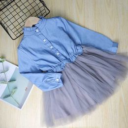 Girl's Dresses Girls' Dress Spring and Autumn Europe and The United States Fashion Long-sleeved Denim Skirt Corset Princess Gauze Dress