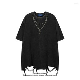 Men's T Shirts High Street Hip Hop Hiphop Solid Colour Ripped Necklace Short Sleeve T-shirt Men And Women Ins Niche Couple Half
