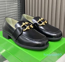 Spring And Autumn New Square Head Metal Black Small Leather Shoes Loafers Female