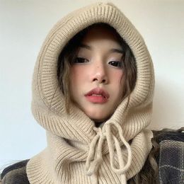 Beanie/Skull Caps Winter Balaclava Hat Neck Thicken Warm Knitted Wool Pullover Hat Korean Women Cotton Ear Protection Pullover Hat Cap Accessories 231219