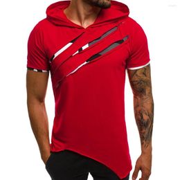 Men's T Shirts Solid Short-Sleeve Ripped Hoodie Colour Short Sleeve Sports Hooded T-shirt