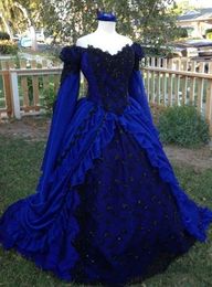 Vintage Royal Blue Victorian Prom Dresses With Black Lace Appliques Off The Shoulder Long Sleeve Masquerade Dress For Women Princess Ball Gown Special Occasion Gown