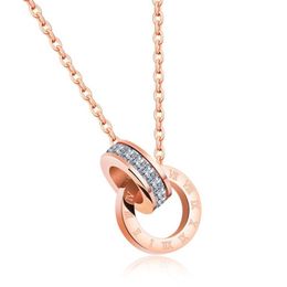 Lock Your Love Necklaces Ring&Circles Pendant 18K Rose Gold Zircon Creative Unique Designer Accessories For Women Ladies Jewelry N320x