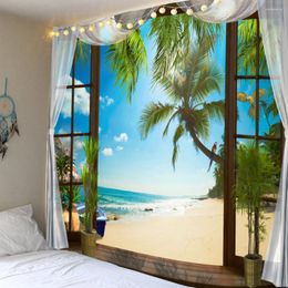 Tapestries 3D Window Scenery Tapestry Hippie Coconut Beach Wave Wall For Bedroom Home Decoration Bohemian Mandala