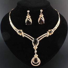 Garnet Topaz Yellow Gold Plated Necklace Fashion Bridal Zircon Crystal Wedding Necklace Earrings Wedding Jewellery Set309w