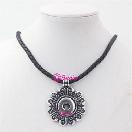 100 new arrival diy snap Jewellery black pu leather necklace with 18mm button flower interchangeable snap pendant necklace collier264O