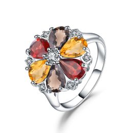 Wedding Rings GEM'S BALLET 925 Sterling Silver Cluster Ring Natural Citrine Garnet Smoky Quartz Mixed Gemstone Rings For Women 231219