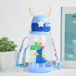 1pc 600ml Kids Water Sippy Cup Antler Creative Cartoon Baby Cups with Straws Leakproof Water Bottles Outdoor Childrens Cup 231219