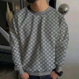 Men's Sweaters Men Autumn Spring Top Round Neck Long Sleeve Chequered Pattern Loose Elastic Cuff Thick Soft Pullover Casual T-shirt