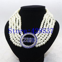 Choker Greece Greek Sorority Zeta Phi Beta Symbol Royal Blue White Crystal Pearl Jewellery Multilayered Necklaces244M