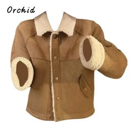Thicken Jacket American Retro Lamb Wool Patchwork Lapel Single Breasted Warm Coats Top Women Fashion Maillard Outfit 231220