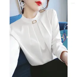 Women's Blouses Fashion High Quality Long Sleeve O Neck Fully Fitted Chiffon Shirt Solid Color Office Pleated Clothing
