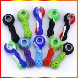 Water pipe Bees Silicone Travel Tobacco Pipes Spoon Cigarette Tubes Glass Bong Dry Herb Accessories Smoking Pipe BJ