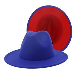 2020 New Royal Blue Red Patchwork Faux Wool Felt Fedora Hats with Thin Belt Buckle Men Women Large Brim Panama Trilby Jazz Cap277P