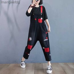 Women's Jumpsuits Rompers Fashion Streetwear Black Or Red Denim Overalls Women Autumn Pockets Ripped Mom Jeans Jumpsuit Loose Big Size Straps Baggy Pants YQ231220