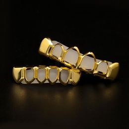 Men's Hip Hop Teeth Grillz Sets 6 Tops&Bottom Hollow Smooth Gold Silver Dental Grills For women Rock Fashion Body Jewellery acc201E