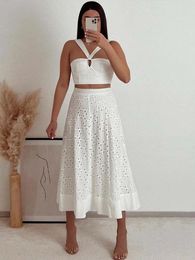Work Dresses Casual Embroidery 2 Pieces Midi Skirts Sets For Woman Fashion Solid Crop Top Suit 2023 Chic Beach Party Female Outfits