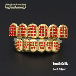 Hip Hop Party Cosplay Bio Copper Gold Teeth Grillz Caps Top & Bottom Shiny Bling Bling Red CZ Charm Grill Sets Tooth Socke182b