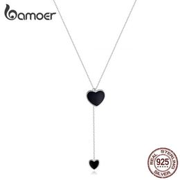 Double Heart Necklace for Women Simple Black Enamel Y-shape Chain Necklaces 925 Femme Sterling Silver Jewellery BSN095 220209285d