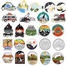 Outdoor Adventure Enamel Brooch Compass Scenic Mountain Camping Shoes Flame Rainbow Camera Wilderness Desert Lapel Pins Jewellery