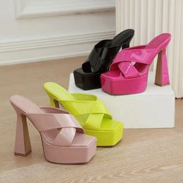 Slippers Shoes Women Summer Size 42 Fashion High Heels Women's Model Patent Leather Thick Heel Sandals Flip Flops