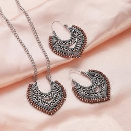 Necklace Earrings Set Vintage Handmade Jewelry Geometric Antique Silver Color Hollow Heart Drop Earring Women's Statement