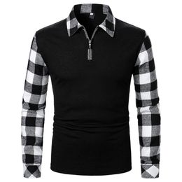 Men's Polos Lapel Zipper Shirt Long Sleeve Business Pullover Tops Formal Work Plaid Splice Tee Casual Shirts For Men Regular Fit 231219