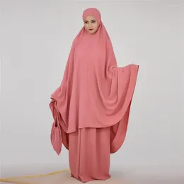 Ethnic Clothing Eid Hooded Abaya Muslim 2 Pieces Set Women Dress Khimar Prayer Garment Full Cover Ramadan Gown Islamic Clothes Hijab Veil