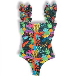 Wear One Piece Swimsuit 2022 Sexy Shoulder Lace Up Swimwear Women Tropical Print Bathing Suit Beachwear Bodysuit Monokini Swim