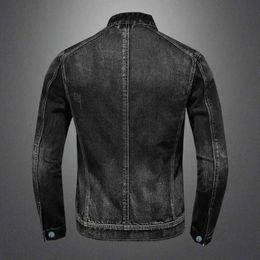 Men's Jackets High Quality Men's Denim Jackets Black Stand Collar Motorcycle Outerwear Cotton Vintage Bomber Jacket Mens Moto Biker Denim CoatL231026